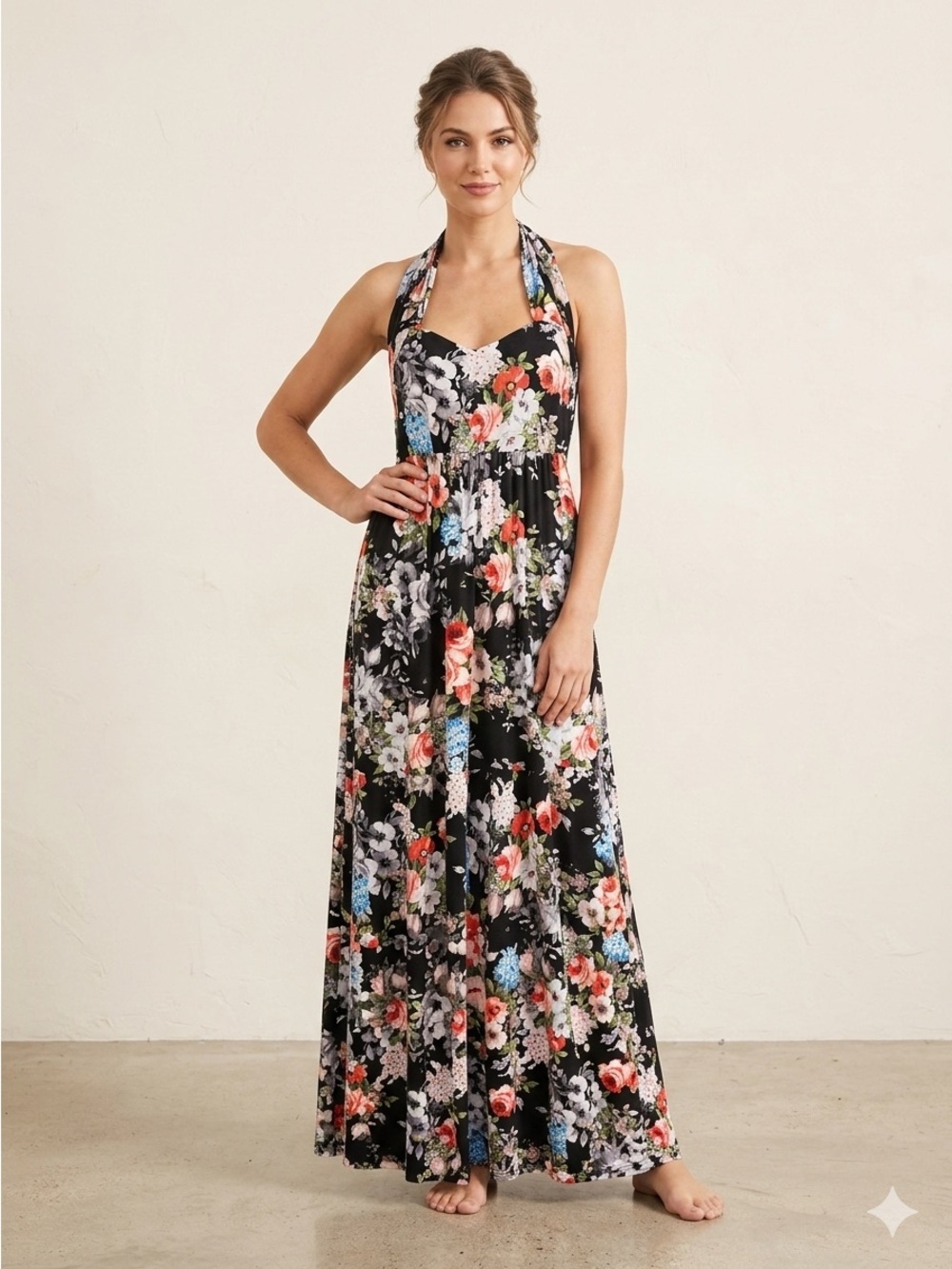 7th Ray Floral Tiered Halter Maxi Dress Large
Boho Multicolored Floral